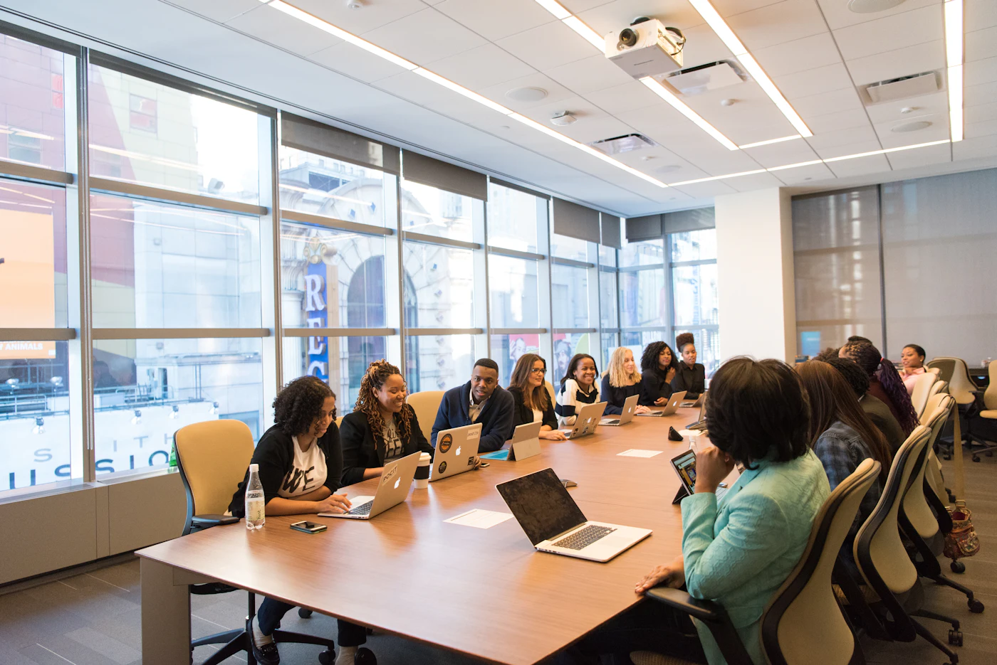 A team reviewing project documents together in an office